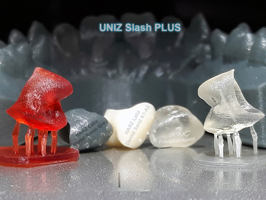 UNIZ Slash PLUS DETAX Freeprint splint + HARZ Labz Dental Cast Red, Dental Sand A1-A2 и Model Resin Grey.