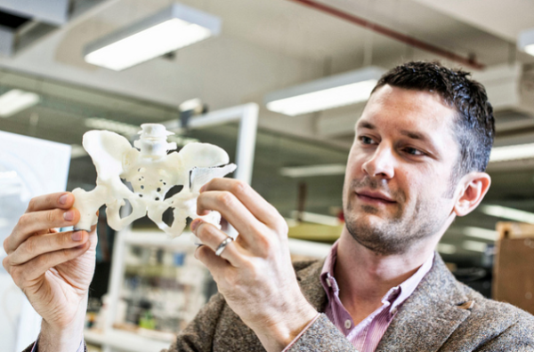 Хирург ортопед Борис Хольцапфель с моделью таза и созданным при помощи 3D-печати индивидуальным клеточным каркасом. Фотография: Технологический Университет Квинсленда