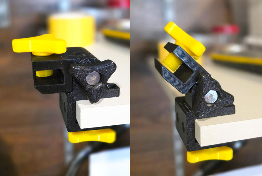 3д модель струбцины фиксатора плитки для запила под углом от 45 градусов с возможностью регулировки.