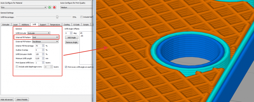 Simplify3D Типы заполнения