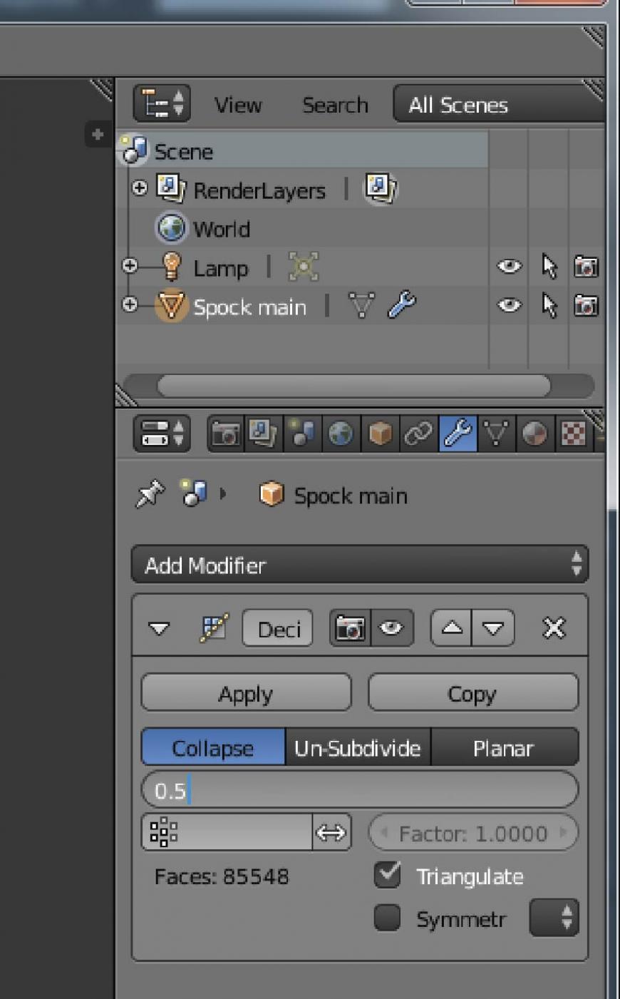 Оптимизация модели для 3D-печати на примере модификатора Decimate в программе Blender.