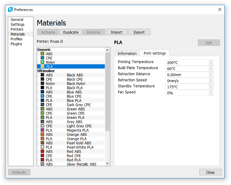 В Cura недоступны настройки материалов