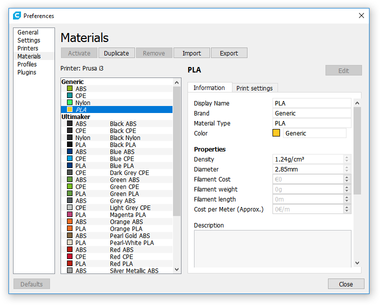 В Cura недоступны настройки материалов