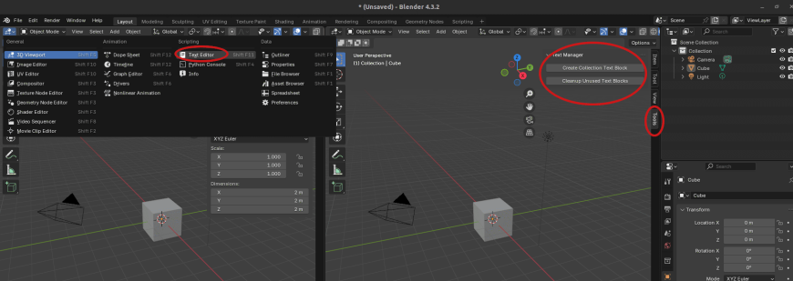 Аддон калькулятора, к Blender 3D, и скрипт для сопровождения проекта заметками и текстовой документацией + небольшой пример работы..