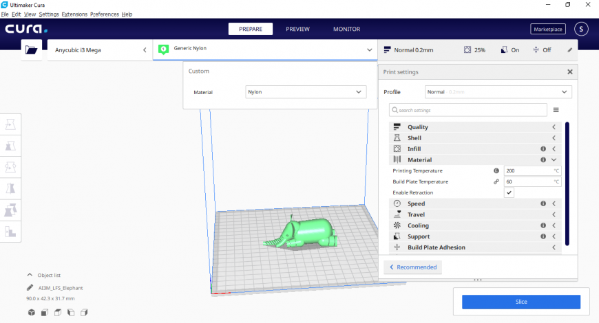Выбор материала в Cura