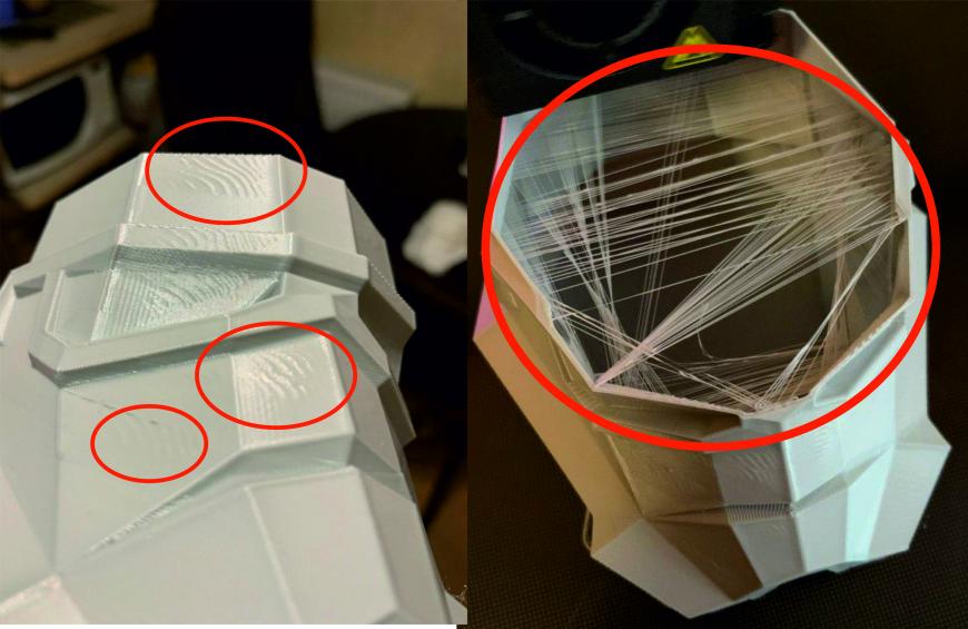 Прошу совета: 1)как убрать волнистость на поверхности модели; 2) как избавиться от нитей между стенками?