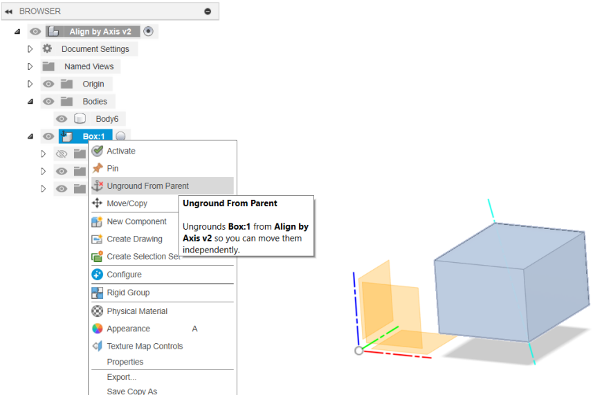 Как выровнять тело во Fusion 360 по его произвольной оси вдоль координатной оси.