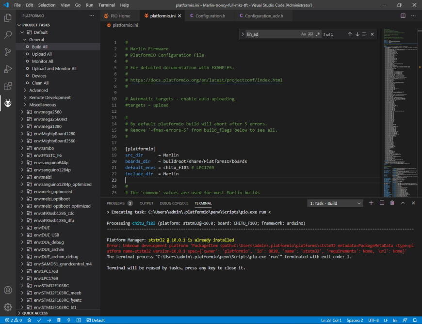 Проблема с компиляцией marlin для Tronxy X5SA в VSCode