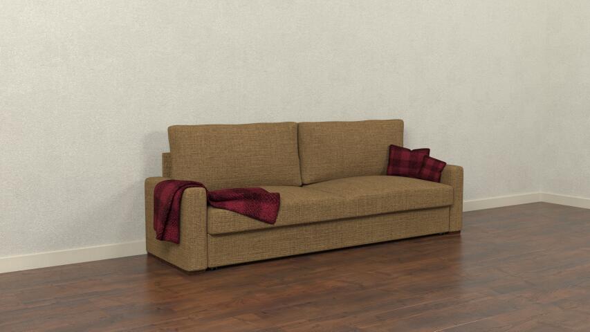 Тканевый диван с красными подушками и пледом