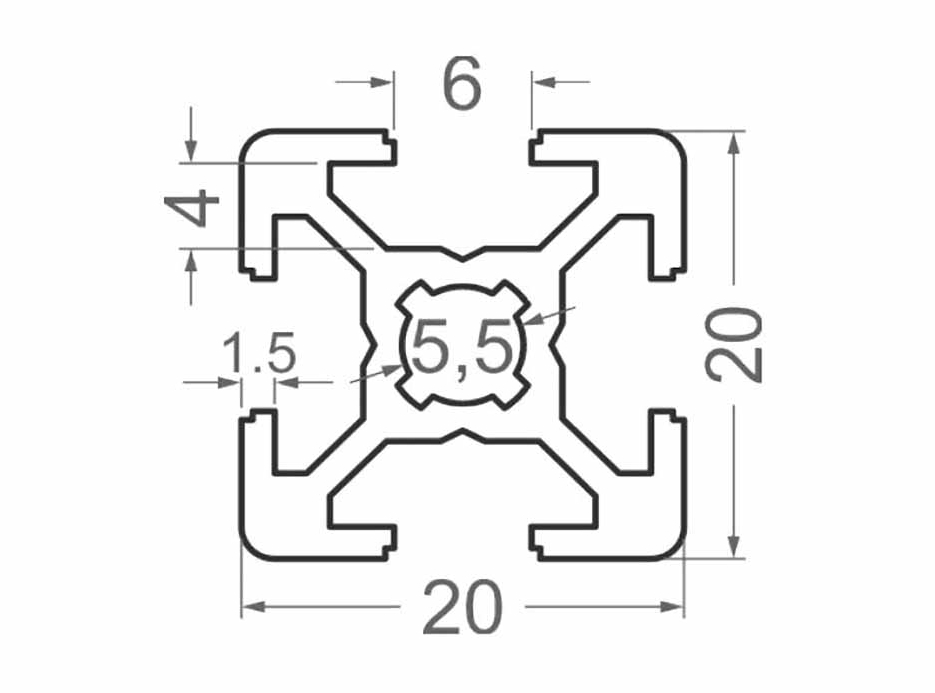 Профиль конструкционный алюминиевый 20х20 чертеж