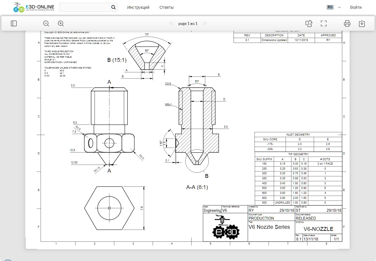 Сопло e3d v6 чертёж