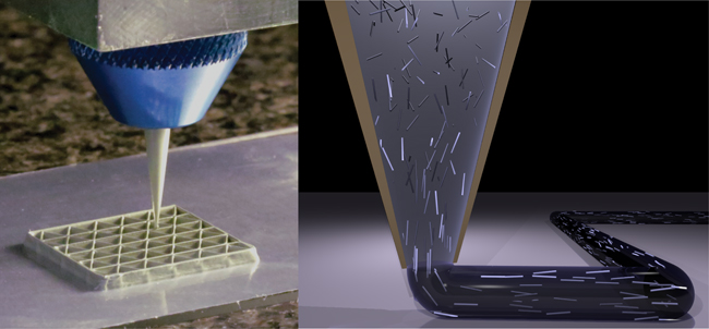 3D-печать эпоксидными композитами целлюлярных структур. На правом снимке видно, как волокна выравниваются при прохождении через сопло экструдера.