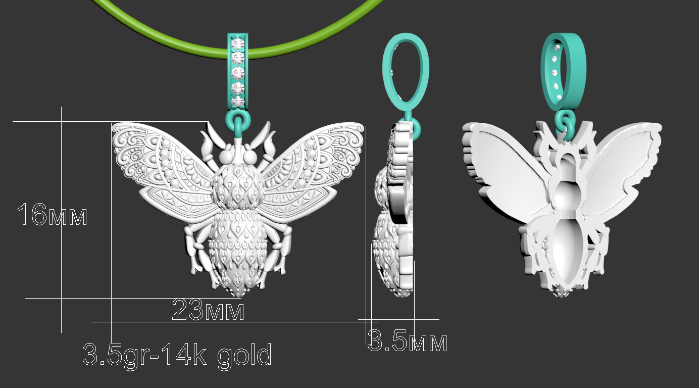 кулон пчела 3d model bee fly муха оса насекомое pendant