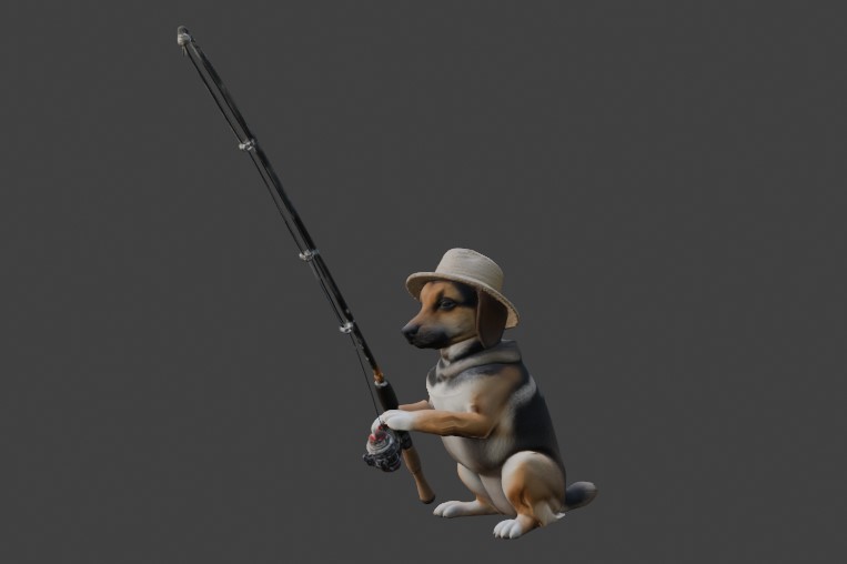 Fisher Dog: Beagle with Fishing Rod & Hat